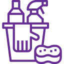 purple cleaning icon with bucket of cleaning products