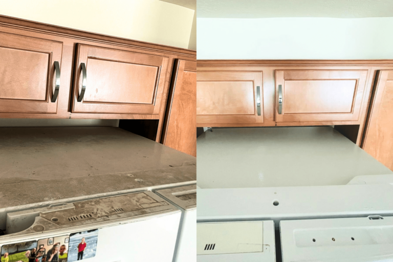 Before and after cleaning the top of a dirty fridge