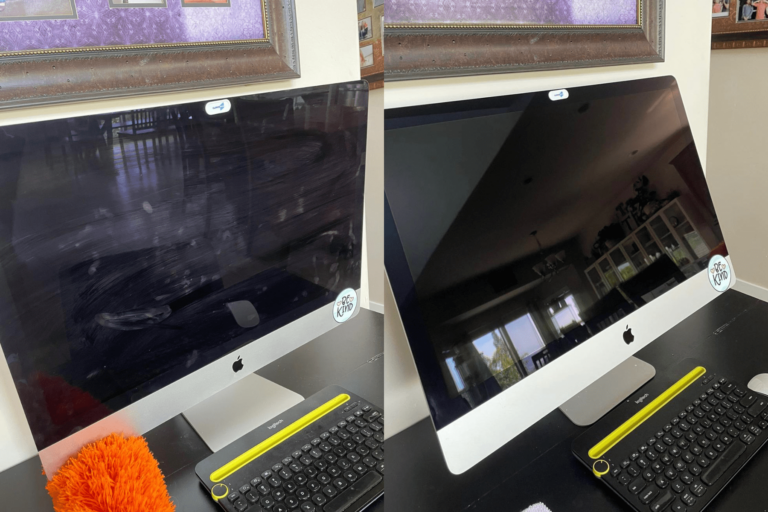 Before and after cleaning a computer monitor covered in finger prints