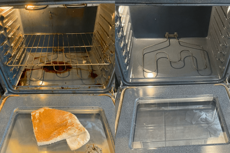 Before and After cleaning a stained and dirty oven