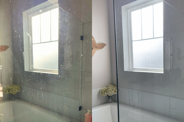 Before and after cleaning a dirty and smudged glass shower door