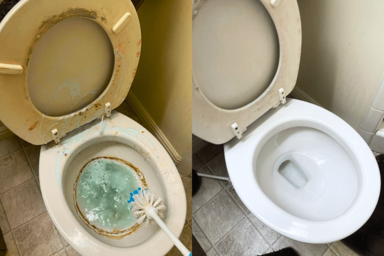Before and after cleaning an extremely dirty toilet
