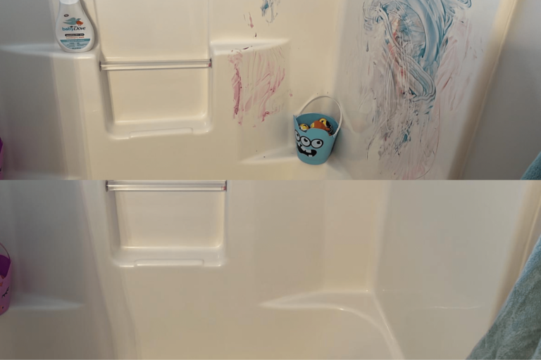 Before and after picture of a cleaning of a bathtub covered in kids colorings and paint