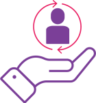 Customer focused icon - purple hand holding person in a pink circle