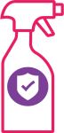 high-quality cleaning products icon - pink spray bottle with purple shield in the middle